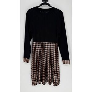 PAPILLON CREW NECK PLEATED SWEATER DRESS KNEE LENGTH NWT SIZE MEDIUM BLACK CAMEL
